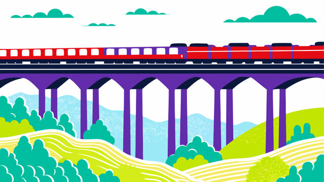 Red train crossing long bridge over calm blue river in summer