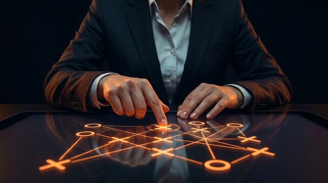 Business Professional Interacting with Futuristic Digital Strategy Map