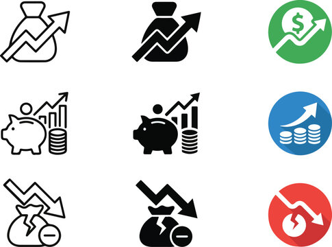 Financial growth and money investment icon collection with profit increase savings decrease and business finance concepts