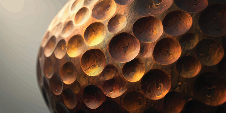 Close up abstract texture of dimpled golf ball surface with sport equipment