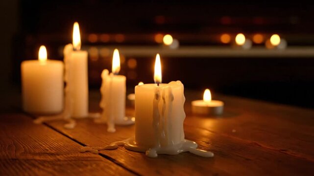 Burning white candles on a rustic wooden table create a warm and cozy atmosphere with beautiful lighting in a dark room.