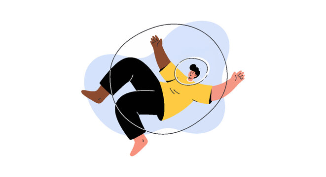 Modern flat illustration of two stylized people, one larger and one smaller, connected by a circular line, symbolizing codependency, influence, and relationships.
