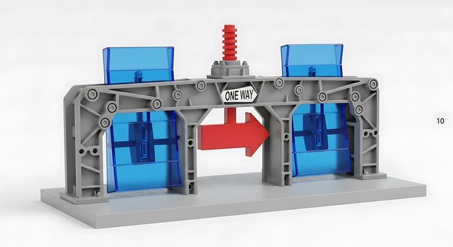 Industrial canal lock model with one way direction arrow sign and water gates