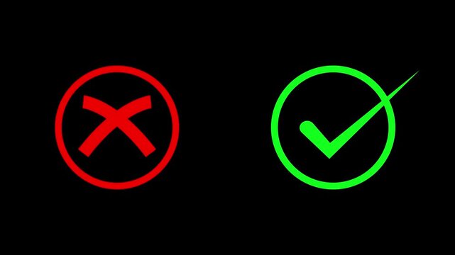 Comparison of red cross and green check mark icons symbolizing no and yes wrong and right or x and checkmark signs against a black background suitable for decision-making concepts
