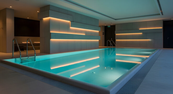 Modern indoor swimming pool with illuminated edges in luxury spa setting