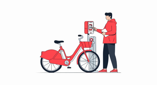 Man Renting a Bicycle via Smartphone App at a City Bike Sharing Station - Flat Vector Illustration of Urban Eco-Friendly Transportation and Smart Mobility