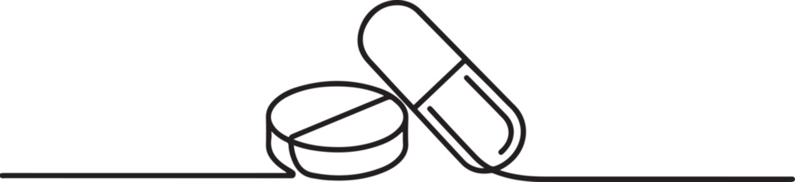 Capsule tablets and pills icon created with a single continuous line for minimalist medical branding. one line Icon drawing