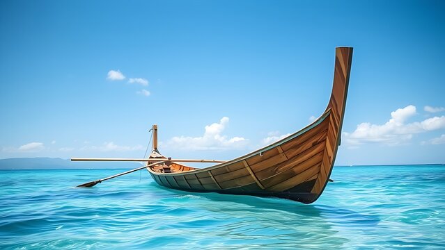 outrigger. Traditional canoe with wooden outrigger on calm blue ocean under tropical sun. mobility guides, transit brochures, designed for mobility and urban transit guides.