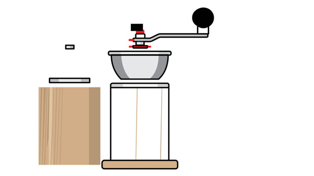 Vintage manual hand coffee grinder featuring editable stroke vector icon illustration. Colorful line art design for barista tools with customizable stroke weight for professional graphic design.