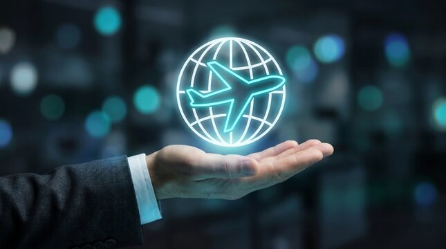 Hand presenting a glowing digital globe with an airplane, symbolizing advanced global travel, international connectivity, and innovative aviation logistics solutions