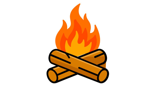 Vibrant stacked log campfire vector icon illustration for outdoor camping enthusiasts and hiking adventures, minimalist flat line art isolated on white background for travel and leisure icons.