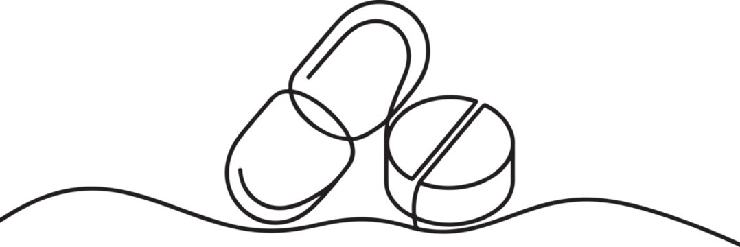 Capsule tablets and pills icon created with a single continuous line for minimalist medical branding. one line Icon drawing