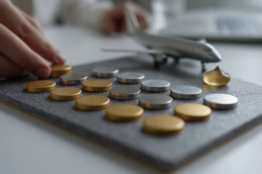 Aviation service planner arranging priority tokens around aircraft model and fuel droplet