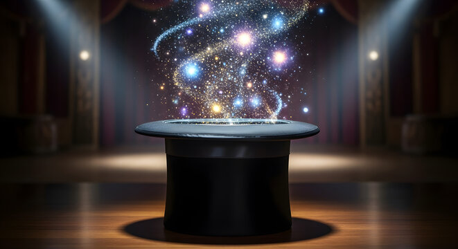 Magical top hat with glowing particles and smoke.