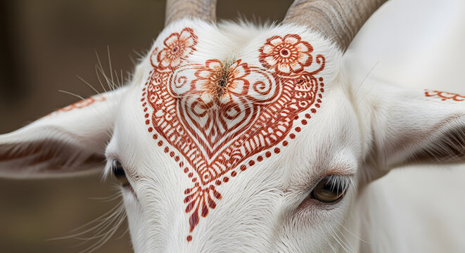 Close-up of a white cows head adorned with a beautiful henna design.