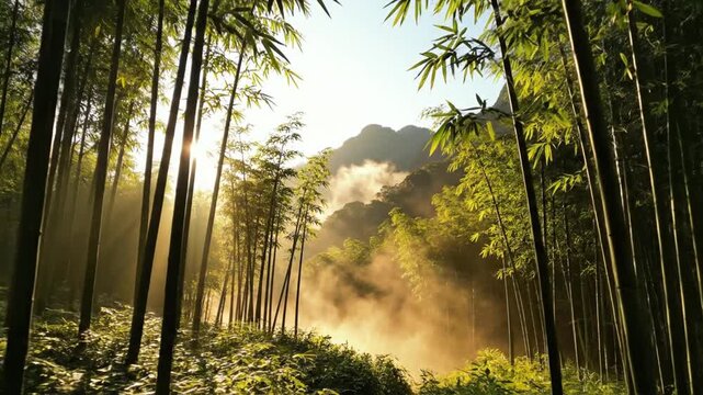 Golden sunlight rays filtering through bamboo forest at sunrise