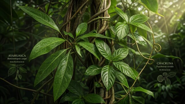 ayahuasca. Two rainforest vines, ayahuasca and chacruna leaves, intertwined and growing together in dappled sunlight. gardening catalogs.