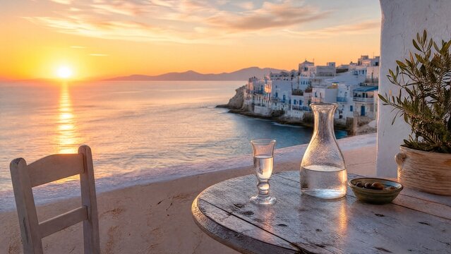 ouzo. Aegean Sea balcony at sunset with ouzo glass reflecting the golden hour light. inspiring travel planning, bar promotions, designed for food & beverage menus and cafe branding.