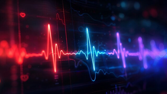 cardiac. An abstract visualization of a heartbeat rhythm with gradient lighting and an atmospheric glow. wellbeing guides, coaching materials, designed for coaching and self-improvement content.