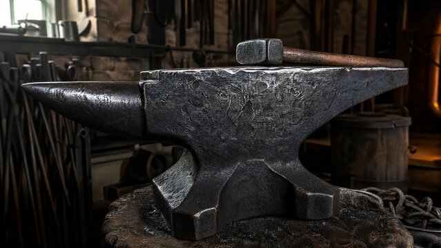 anvil. Heavy blacksmith anvil with hammer marks, metal texture in workshop setting. safety posters, maintenance manuals, designed for industrial assembly lines and welding operations.
