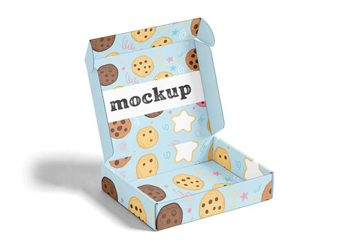 Mailer Box Mockup Shown Open From Three Quarter Overhead Angle