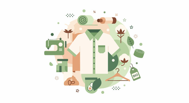 Sustainable Fashion Illustration with Organic Cotton, Sewing Machine and Eco-Friendly Clothing Elements for Ethical Textile Production Design