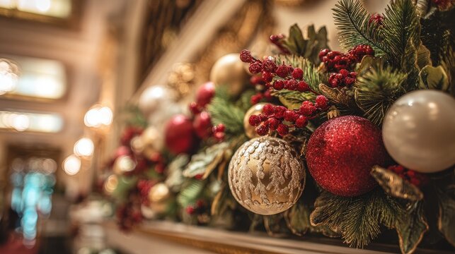 Holiday decoration cheerful spirit and winter nostalgia selective focus elegant christmas theme dynamic blend mode luxury hotel lobby backdrop. 