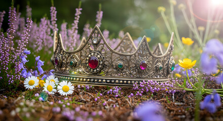 Obraz premium Ornate jeweled crown resting on the forest floor.