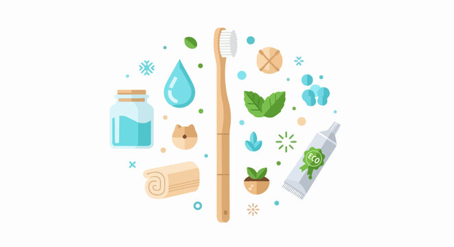 Eco-Friendly Sustainable Oral Care Illustration with Bamboo Toothbrush and Natural Toothpaste
