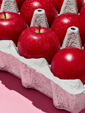 Close up of shiny red apples packed in a textured carton. Bold fresh produce visual for healthy eating campaigns and food advertising.