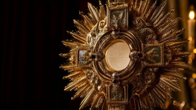 monstrance. Ornate golden monstrance glowing with warm light against a dark velvet background. event programs, museum guides, designed for cultural heritage projects and event programs.