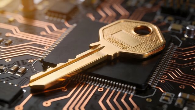 A golden key is placed on a circuit board, symbolizing digital security and access to technology.