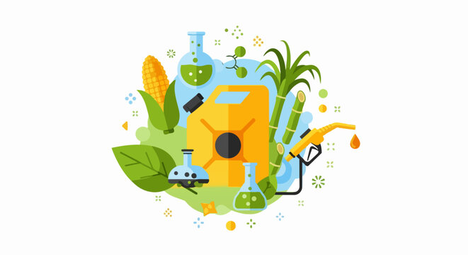 Biofuel Concept Illustration with Corn, Sugarcane, Fuel Canister, and Laboratory Flasks representing Renewable Green Energy and Sustainable Bio-ethanol Technology