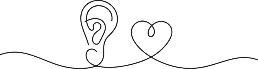Obraz premium Minimalist illustration of ear and heart, hearing emotions, love. one line Icon drawing