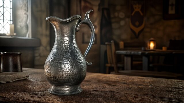 flagon. Medieval pewter flagon with hammered texture on rustic wooden tavern table. bar promotions, beverage menus, designed for food & beverage menus and cafe branding, used by project managers.
