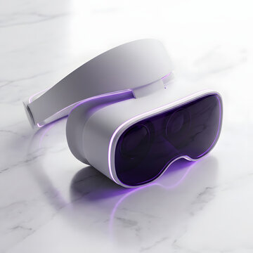 Sleek virtual reality headset with purple rim lighting on marble.