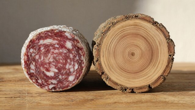 saucisson. Cross-section of dried saucisson beside tree log, concentric patterns echoing each other. menu design, packaging mockups, designed for food delivery and cloud-kitchen brand materials.