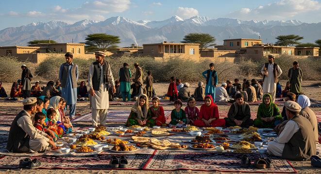 Afghan villagers gather for a traditional meal outdoors sharing food and community.
