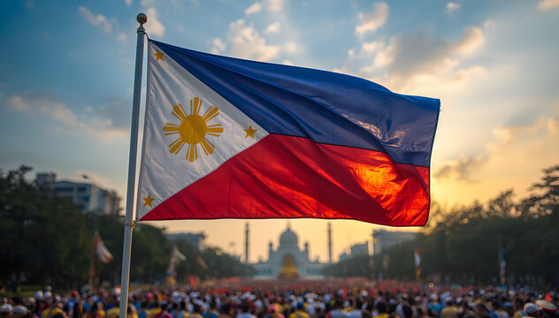 Philippine flag waves in Manila during a national celebration at sunset