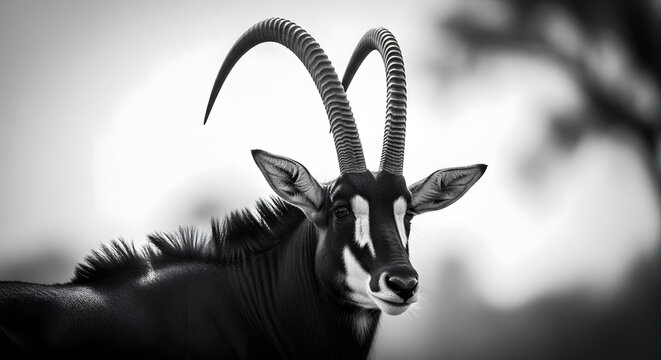 Male kudu antelope portrait with large spiral horns in natural habitat