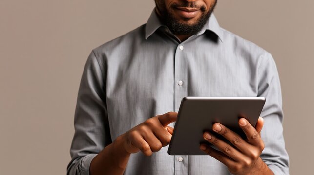 Man in gray shirt tapping tablet