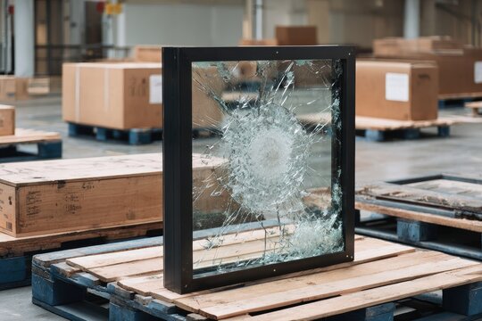 Shattered Glass Window Pane on Wooden Pallets in Warehouse Setting.