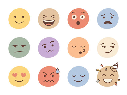 Colorful emoji face PNG clipart set with mixed moods reactions and social icons