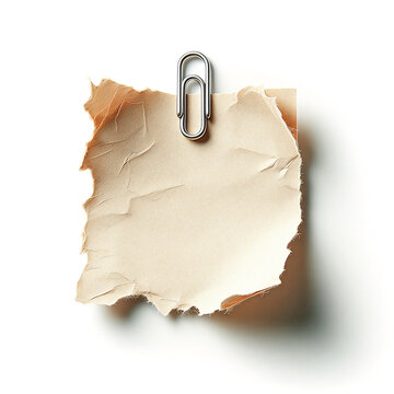 Paper note with textured edges and metal paperclip isolated.