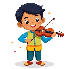 Obraz premium A cartoon boy playing a violin with a cheerful expression