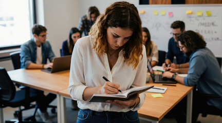 Fototapeta premium Young woman takes notes in meeting. Diverse team works in modern office, uses laptops and whiteboard. Collaboration fuels innovation and project planning.