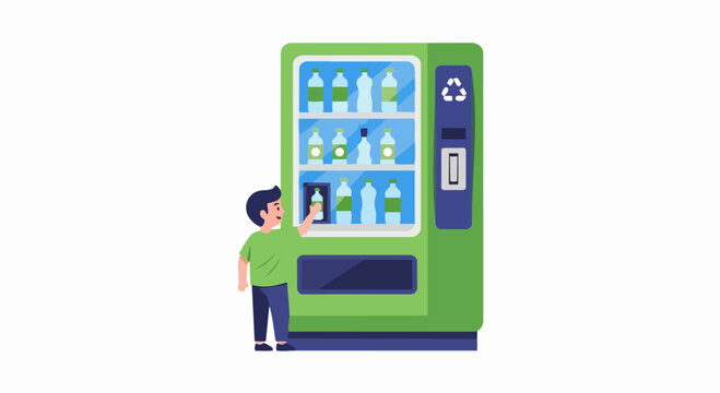 Boy recycling plastic bottle in a green reverse vending machine, eco-friendly sustainability concept vector illustration