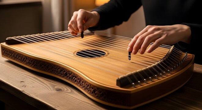 Hands playing zither instrument with selective focus during warm indoor lighting