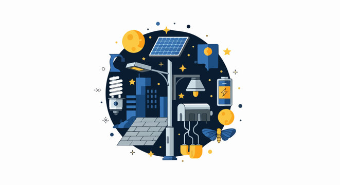 Sustainable Smart City Lighting and Renewable Energy Concept Vector Illustration with Solar Panels, Street Lights, and Battery