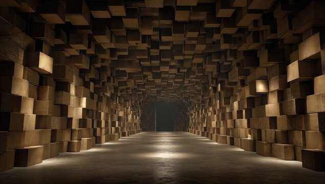 Mysterious tunnel lined with cubical boxes, illuminated by scattered lights